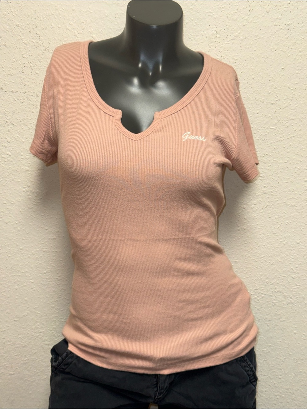 GUESS Blush Pink Short Sleeve Ribbed Notch Neck Tee